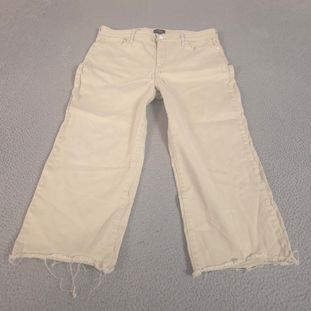 NYDJ‎ Jeans Womens 14 Tan Wide Leg Capri Fray Hem Lift Tuck Stretch Denim Pants